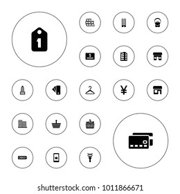 Editable vector retail icons: business center, shopping basket, online shopping, store, credit card, dollar card, shopping bag, shop on white background.