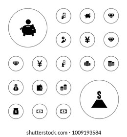 Editable vector rich icons: coin, money, payment, coin on hand, piggy bank, yuan, coin, gem, dollar, money sack, wallet, diamond on white background.
