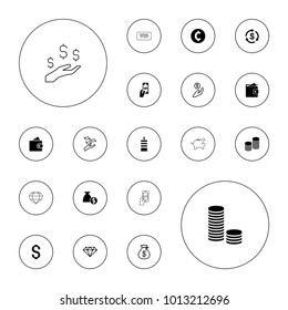 Editable vector rich icons: wallet, money, coin, coin, money sack, coin on hand, gem, payment, vip on white background.