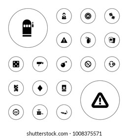Editable vector risk icons: casino chip and money, dice, casino boy, cigarette, warning, dice, domino, fire protection, no smoking, bomb, dynamite on white background.