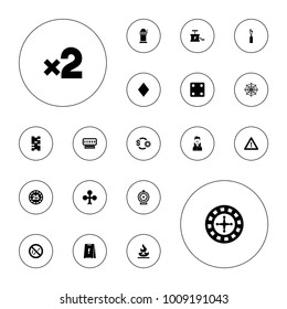 Editable vector risk icons: clubs, roulette, dice, spider web, domino, warning, no smoking, dynamite, diamonds, casino chip and money, 25 casino chip on white background.