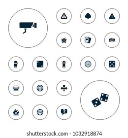 Editable vector risk icons: clubs, 100 casino chip, casino chip, dice, spades, exclamation, no fire, warning, pllaying card, roulette, security camera on white background.