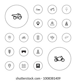 Editable vector road icons: map location, cone barrier, tunnel, truck, arrow, route and phone, location pin, traffic light, avenue, road barrier on white background.