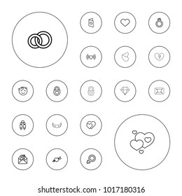 Editable vector romance icons: female, heart, emot in love, engagement ring, hearts, women couple, love letter, heart lock, ring on white background.