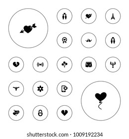 Editable vector romantic icons: eiffel tower, flower, heart with arrow, bouquet, broken heart, women couple, couple, heart ribbon, lovebirds on white background.