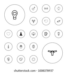 Editable vector romantic icons: restaurant table, lipstick, heart, hearts, rose, phone with heart, candlestick, eiffel tower on white background.