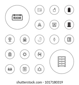 Editable vector room icons: baby changing room, window, maid, fireplace, table lamp, meeting, washing machine, plan, hotel, door, wardrobe on white background.