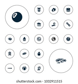 Editable vector round icons: basketball, clock, hockey puck, cake, muffin, dollar sign, atom in hand, loading, baseball glove, arrow, chain, no laptop on white background.