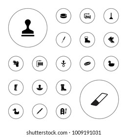 Editable vector rubber icons: boot, duck, stamp, inflatable boat, hockey puck, water hose, pipette, pacifier, plunger, woman boots, eraser on white background.