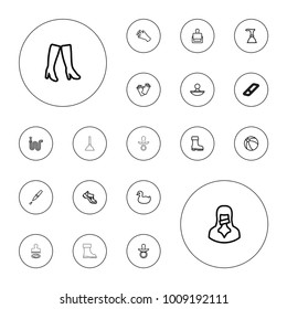 Editable vector rubber icons: stamp, pacifier, duck, beach ball, gloves, plunger, woman boots, boot, water hose, censored woman, pipette on white background.