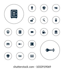 Editable vector safe icons: pig, lock, safe, key, shield, money, opened lock, safe, health insurance, life vest, welding glasses on white background.