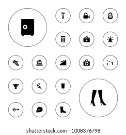 Editable vector safety icons: barrier, razor, key, woman boots, boot, safe, first aid kit, intercom, helmet, lock, shield, siren, stairs on white background.