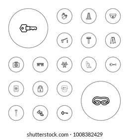 Editable vector safety icons: key, cone barrier, lock, razor, gloves, wet floor, boot, barrier, security camera, swimming glasses, first aid, hazzard on white background.
