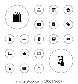 Editable vector sale icons: hanger, shopping bag, ticket on sale, tag, tent, home search, shop, credit card, explosion, bra, cash payment on white background.