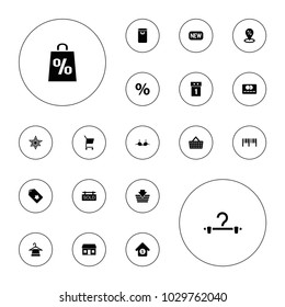 Editable vector sale icons: hanger, bra, shopping basket, washing machine on sale, shopping bag, percent, sold tag, credit card, explosion, barcode, tag on white background.