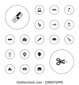 Editable vector salon icons: comb, powder, mirror, spa building, sawing, barber scissors, hair brush, salon hair dryer, barber chair, woman in spa on white background.