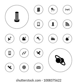 Editable vector satellite icons: business center building, route and phone, planet and satellite, satellite, observatory, wi-fi, tv van on white background.