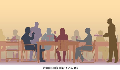 Editable vector scene of people eating in a restaurant