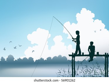 Editable vector scene of two boys fishing from a wooden jetty