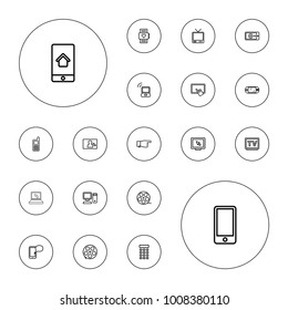 Editable vector screen icons: finger on tablet, phone, pointing, display, movie tape, camera tape, heart rate watch, tv, camera display, pc, intercom on white background.