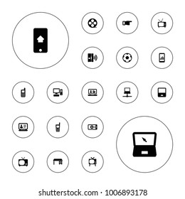 Editable vector screen icons: phone, pointing, office desk, laptop, tv, graph on display, movie tape, old phone, pc on white background.
