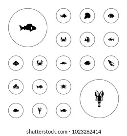 Editable vector seafood icons: fish, octopus, crab, shell, extinct sea creature on white background.