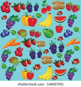 Editable vector seamless fruits and vegetables pattern. Summer fruits pattern vector.Summer pattern with blue background.