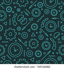 Editable  vector seamless pattern. Backdrop texture with clocks and gears. Background for clock shop, websites, watches repair service. Vector line style illustration.