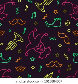  Editable  vector seamless pattern. Mardi Gras background.  Backdrop texture for flyer, banner, poster. Vector line style illustration.