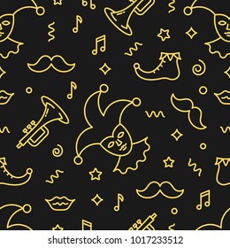  Editable  vector seamless pattern. Mardi Gras background.  Backdrop texture for flyer, banner, poster. Vector line style illustration.