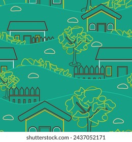 Editable Vector Seamless Pattern of Outline Style Village Scenery Illustration for Creating Background and Decorative Element of Rural Related Design