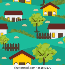 Editable Vector Seamless Pattern of Village Scenery Illustration