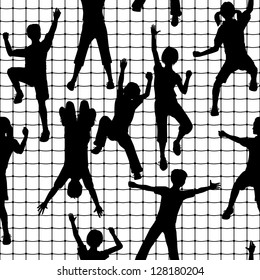 Editable vector seamless tile of children silhouettes climbing a rope mesh