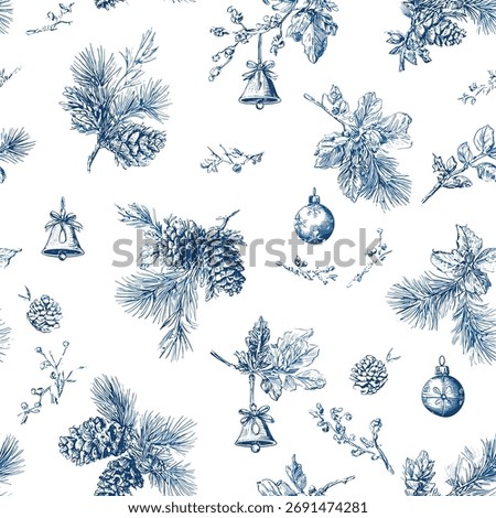 Editable Vector Seamless Vintage Toile Christmas Pattern 4 with Pine Branches, Cones, Bells and Ornaments. Hand-drawn pine branches with cones, Christmas bells with bows, and holiday ornaments in blue