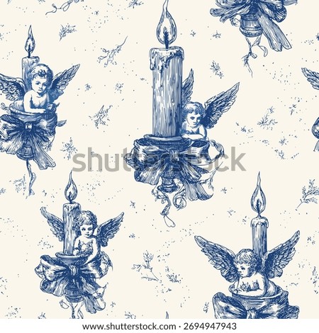 Editable Vector Seamless Vintage Toile Christmas Pattern 5 with Angels and Candles with Bows. Hand-drawn Christmas angels and festive candles decorated with bows, created with fine engraved lines