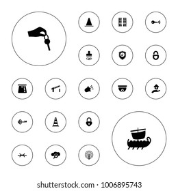 Editable vector security icons: plane seats, key, credit card in atm, heart lock, health insurance, search cloud, lock, house insurance, hand with key on white background.