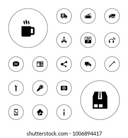 Editable vector service icons: screwdriver, truck, atm, garden hammer, case with heart, phone call, cargo container, share, doctor, chat, home repair on white background.