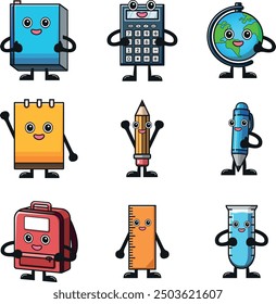 Editable vector set of colorful school supplies characters in cartoon style. Stationery characters