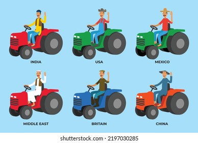 Conjunto de vector editable de agricultores de diferentes países en tractores. Agricultores de la India, Estados Unidos, México, Oriente Medio, Gran Bretaña y china. Para uso en medios sociales, carteles y camisetas. 