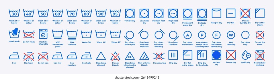 Editable vector set of laundry icons. Clean and simple symbols for washing, drying, ironing, bleaching and clothing care. Perfect for labels, packaging, instructions and household design.