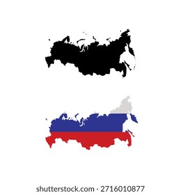 Editable vector set of Russia country maps with bold silhouette and flag filled styles for maps, data visualization, and presentations.
