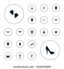 Editable vector sexy icons: animal fang, slim, casino girl, sport bra, corset, swim suit, woman shoe, panties with heart on white background.
