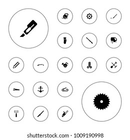 Editable vector sharp icons: shovel and rake, pin, electric razor, razor, pencil, blade saw, cutter, electric saw, scalpel, anchor, scissors on white background.