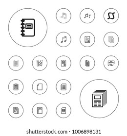 Editable vector sheet icons: paper, music note, ad, newspaper, notebook, signed document, note, clipboard on white background.