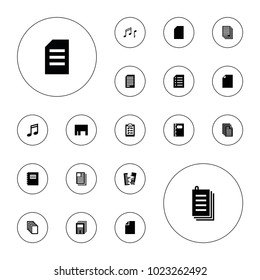 Editable vector sheet icons: paper, notepad, music note, newspaper, notebook, note, clipboard on white background.