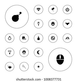 Editable vector shiny icons: children panties, teapot, explosion, diamond, crying emoji, star, mouse, watering system, judo, switch off, mirror, soap on white background.