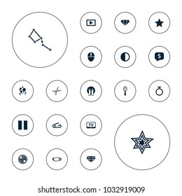 Editable vector shiny icons: tv, pin, gem, mirror, crying emoji, mouse, play, brightness, blood, explosion, constellation, disco ball, star, ring on white background.