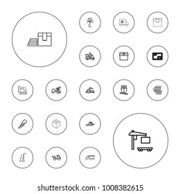 Editable vector shipping icons: cutter, crane, truck, delivery bike, box, no cargo warning, cargo truck, ship, parcel on white background.