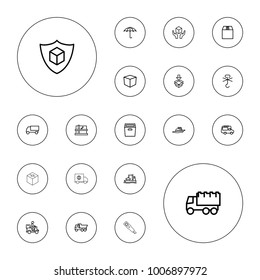 Editable vector shipping icons: parcel, truck, box, van, keep dry cargo, handle with care, no cargo warning, courier on motorcycle, ship on white background.