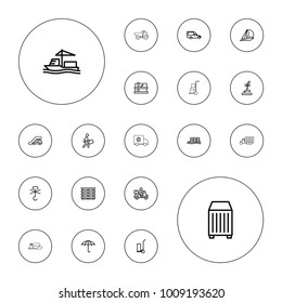Editable vector shipping icons: truck crane, parcel, cart cargo, delivery bike, sailboat, van, cargo box, no standing nearby, courier, truck on white background.